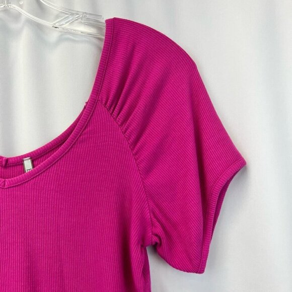 Bke Core Womens Crop Top Pink Short Sleeve Puff V Neck Stretch Ribbed S - Picture 6 of 9